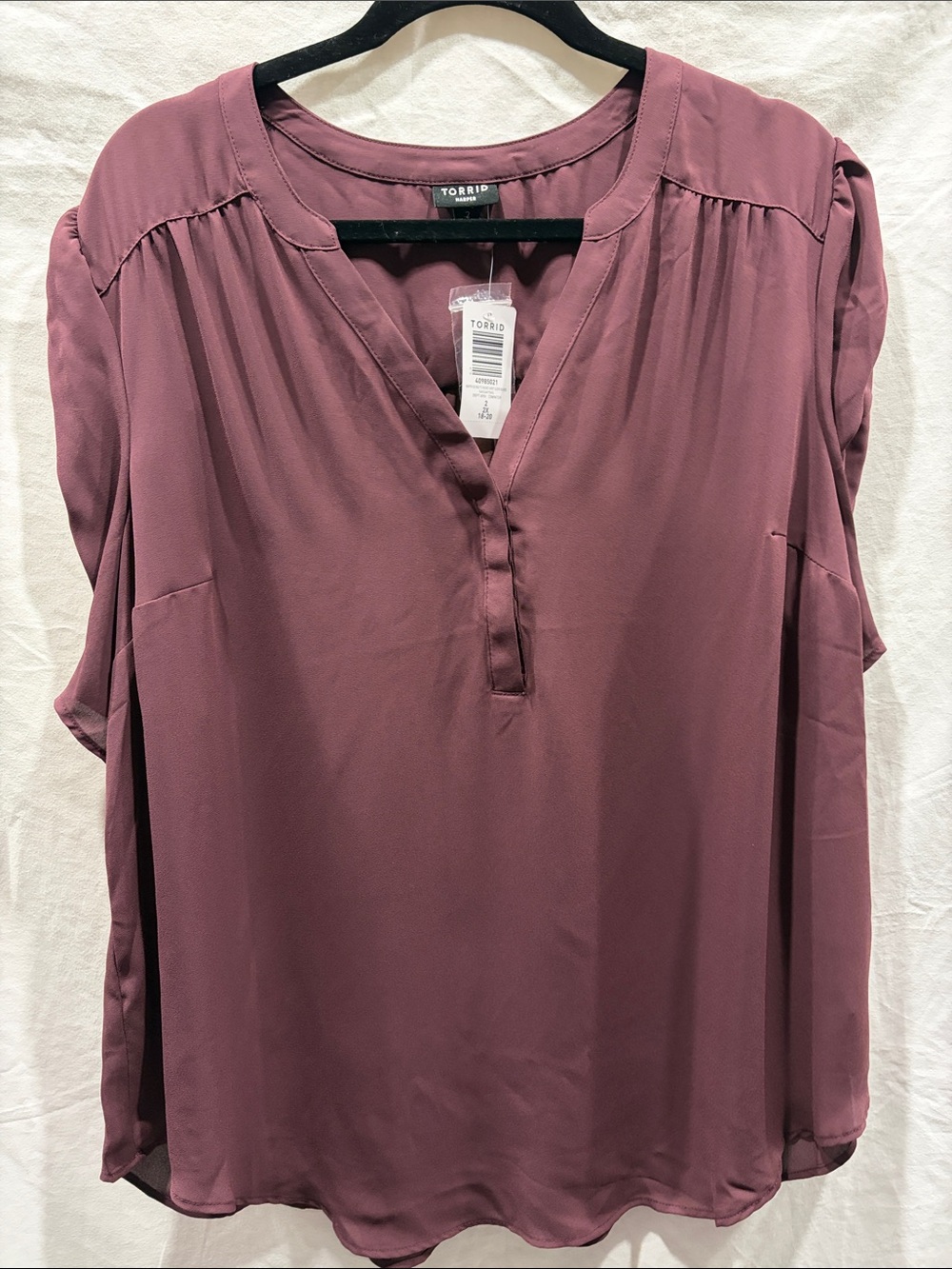 Torrid Harper Plum Colored Blouse with Ruched Short Sleeves